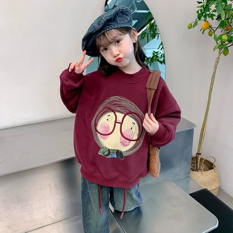 Girls' winter fleece-lined sweatshirt,  new stylish kids' autumn/winter thickened round neck top for little girls