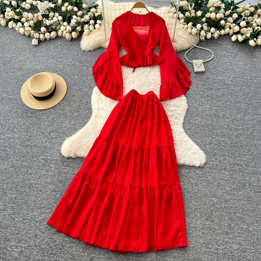 French riviera style red ruffle flare sleeve v-neck blouse and high-waisted midi skirt two-piece set - women's autumn chic