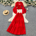 French riviera style red ruffle flare sleeve v-neck blouse and high-waisted midi skirt two-piece set - women's autumn chic