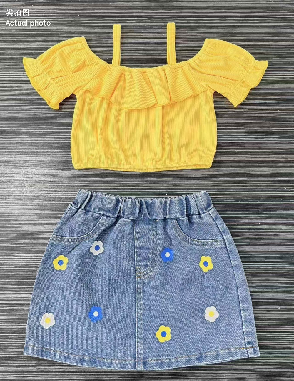 cross-border baby & toddler girl's country style off-the-shoulder ruffle cami top + embroidered denim mini skirt set