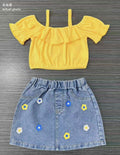 cross-border baby & toddler girl's country style off-the-shoulder ruffle cami top + embroidered denim mini skirt set