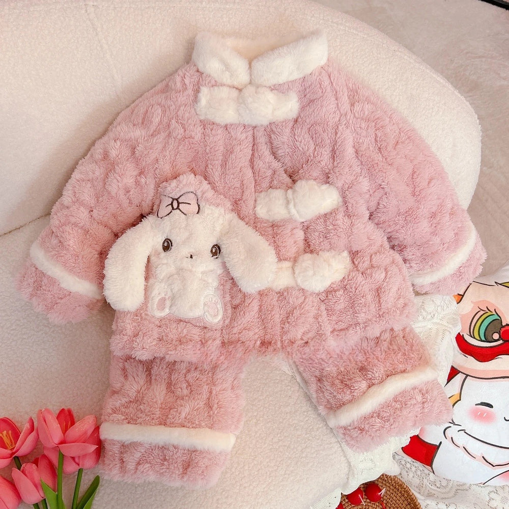 Three-layer thickenedfleece-linedthickenedgirlfall and winter flannel pajamas chinese style heattechsuitkids baby home clothes