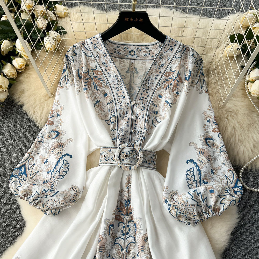 European and american retro chic location print dress - women's high-end slim-fit v-neck single-breasted elegant french mini dress
