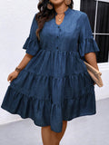 plus sizecasual skirt stand collar small v placket bell sleeves multi-layer patchwork loose imitation denim
