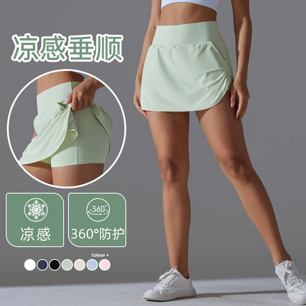 Internet celebrity cool sunscreen tennis skirt new high waist thin fake two-piece skirt pants women's back waist pocket sports yoga skirt