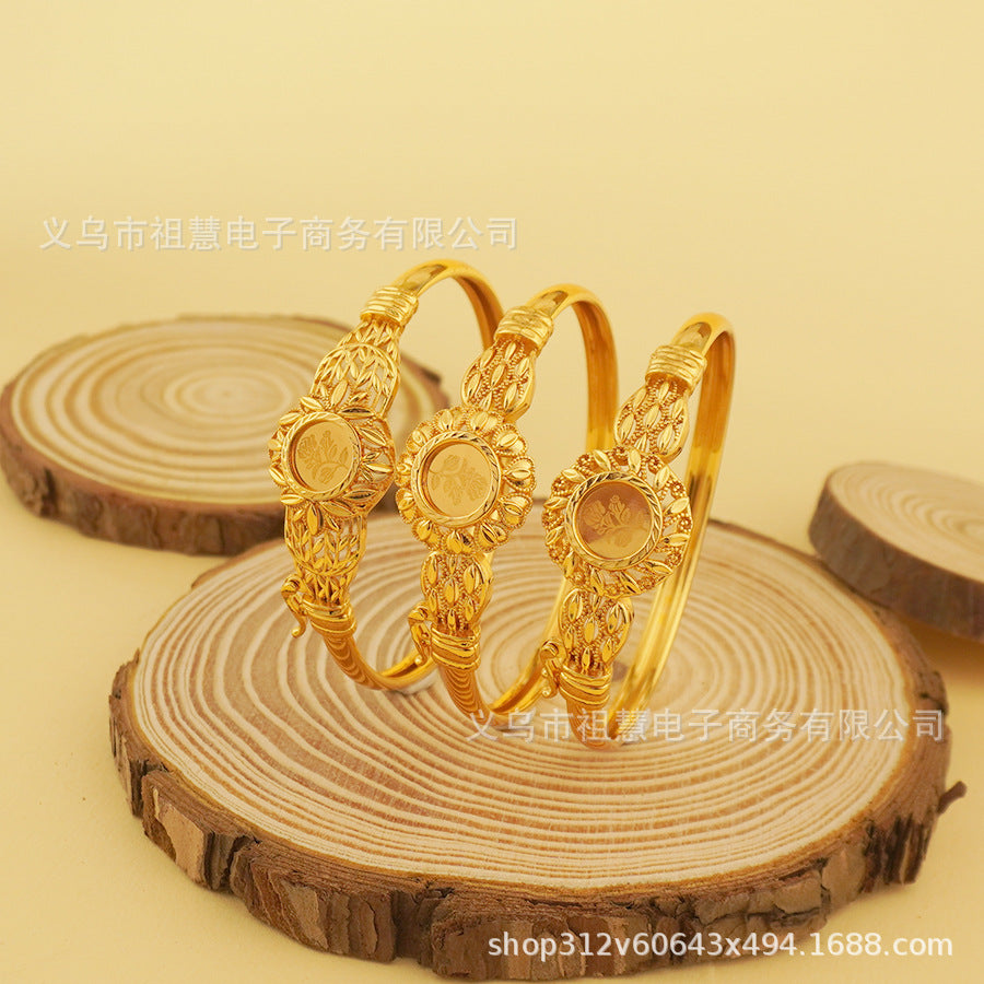 Trendy bohemian gold-plated copper bangle with open-end design - a high-end, luxurious bracelet perfect as a bridal gift