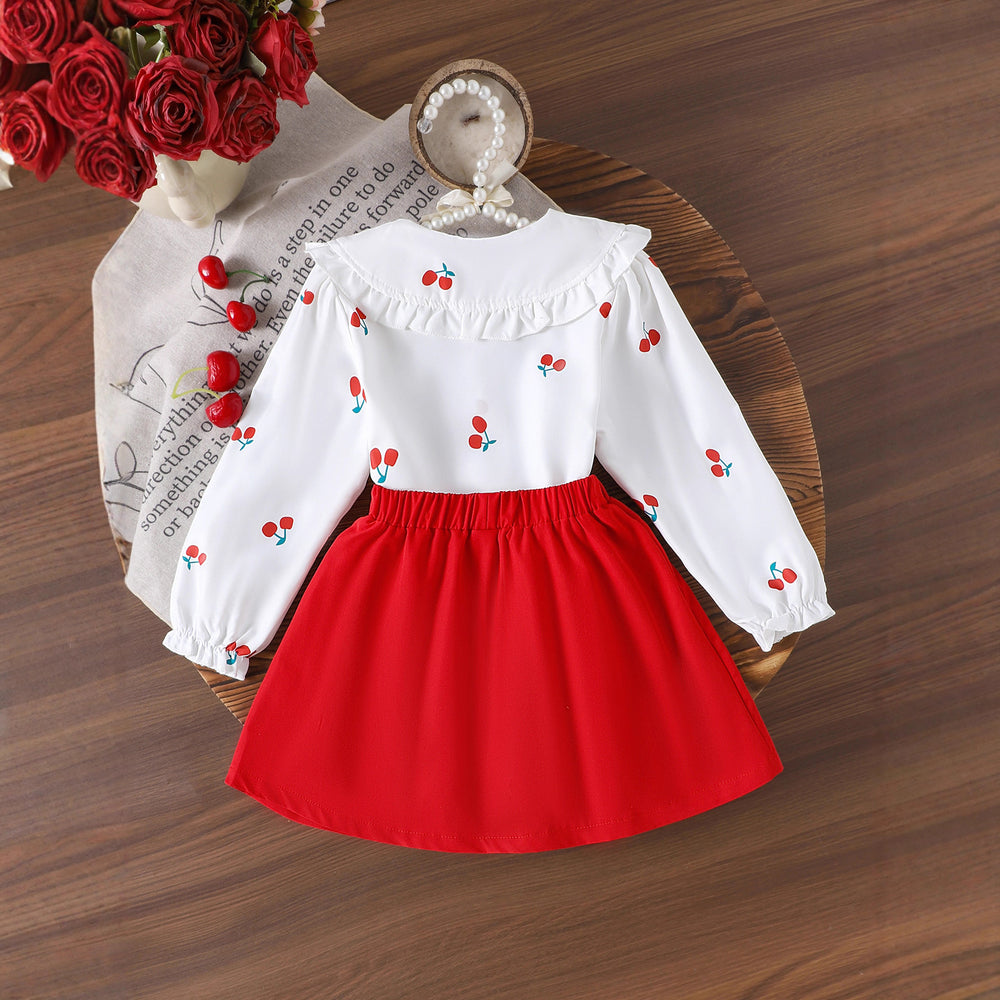 Children's clothing cross-border girl suit cherry white long sleevestops + red skirt