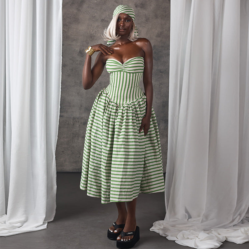 European and american women's clothing  autumn new collection: sweet and fresh striped bandeau high-waisted slimming a-line midi dress