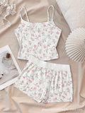 Gentle floral print cami shorts set - sweet bowknot girl's casual two-piece outfit