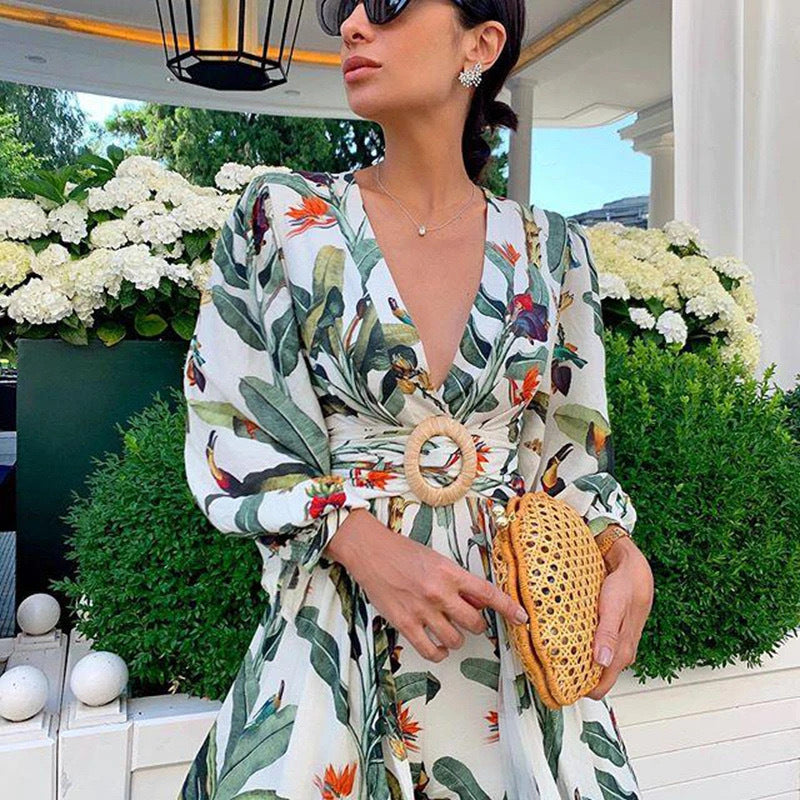 Amazon  european and american fashion women's clothing  summer new deep v one-shoulder printed irregular dress