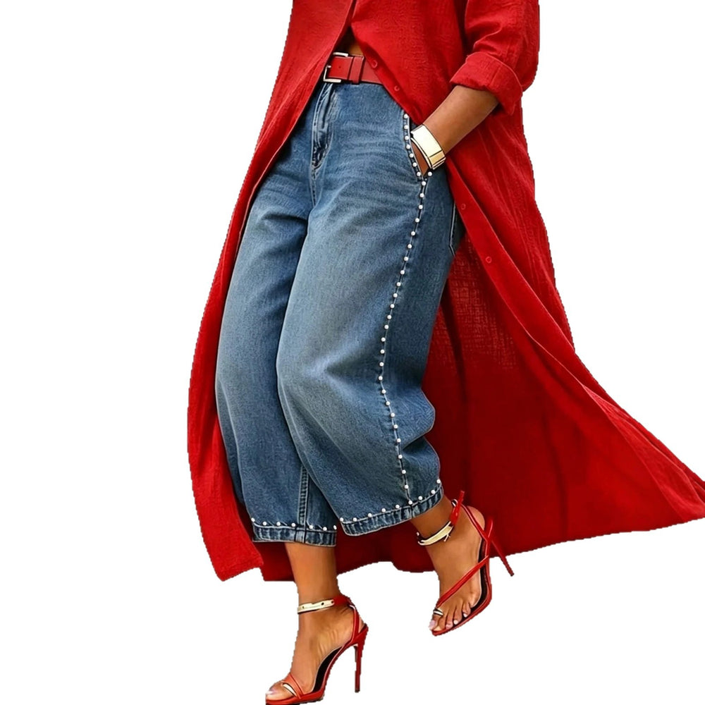 European and american style women's washed denim jeans with beaded side detailing, pearl embellished hem, vintage high-waisted wide leg jeans