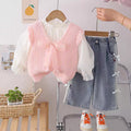 Korean style knitted vest and white shirt girl's outfit  - sweet & stylish bowknot floral set