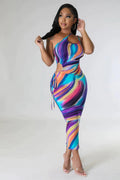 european and american cross-border  summer printed sleeveless cutout backless halter sundress