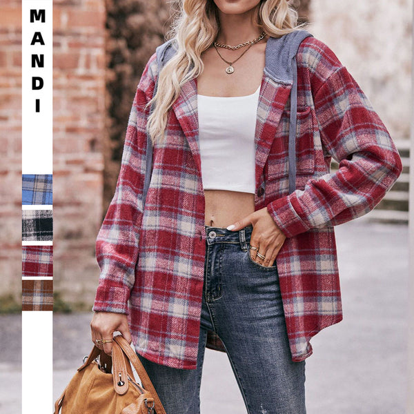 Cross-border European and American  women's clothing 2023 autumn and winter new  flannel plaid jacket hooded casual shirt
