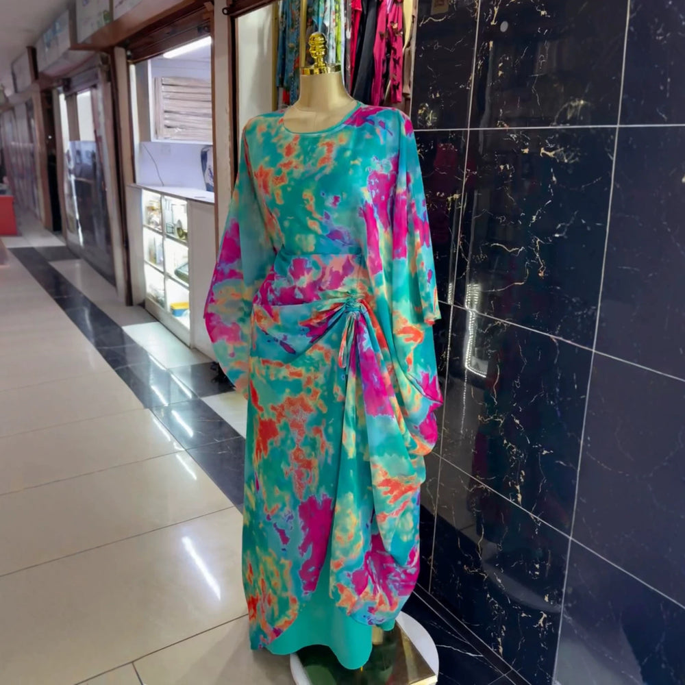 European and american cross-border women's fashion:  summer new arrivals - elegant round neck drawstring printed dress, sundress, and casual set