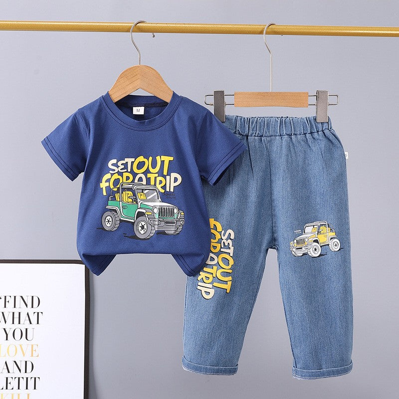 Boys' summer outfit  new style baby summer clothes wholesale off-road car trendy two-piece set for mid-to-large children