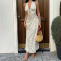 floral print v-neck slim-fit knit dress - halter neck, open back, sexy french style