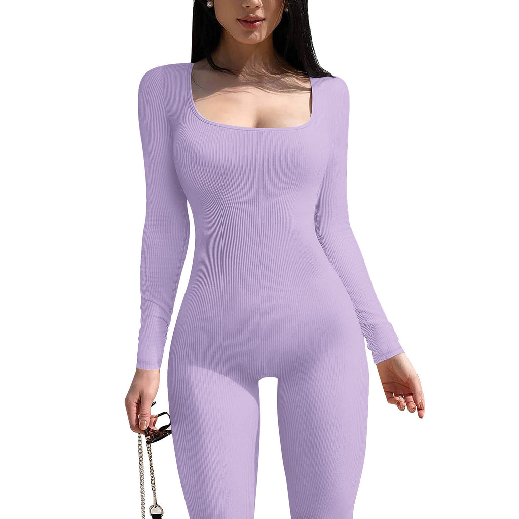 2024  women's clothing solid color long-sleeved vest onesie threaded square neck backless hip-lifting slim-fitting sports jumpsuit