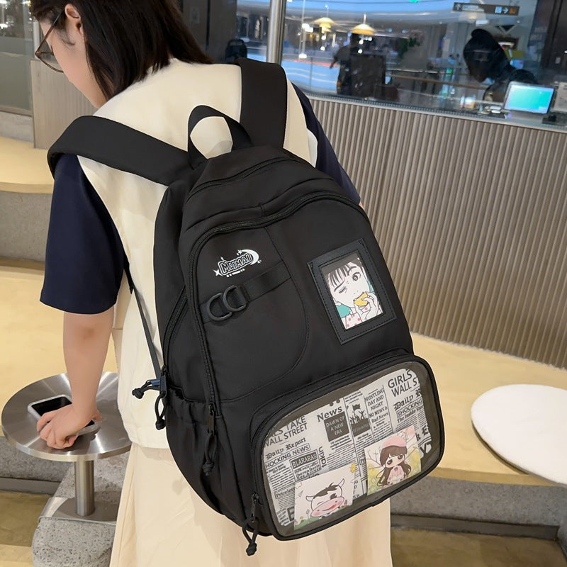 Transparent pocket student backpack - large capacity, new korean style cartoon design - wholesale