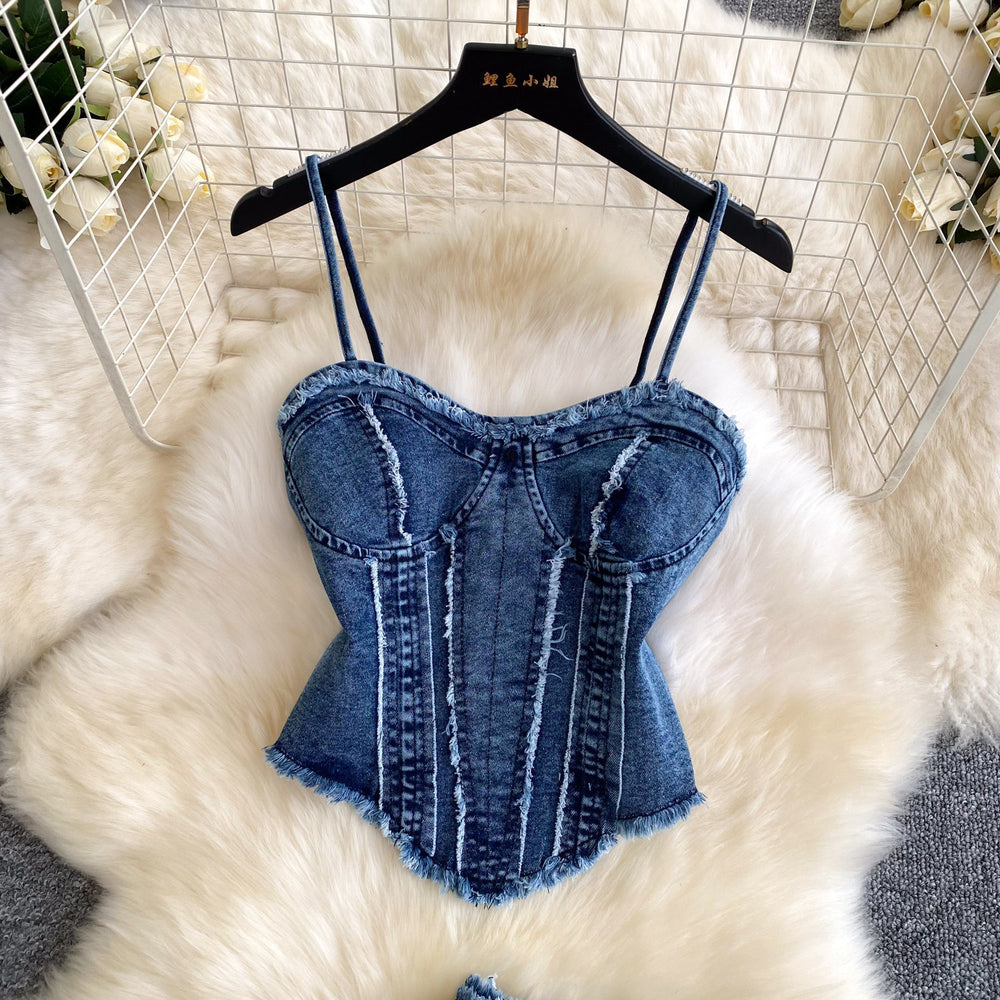 Fashion cross-border export hot girl style denim fashionsuit women's denim suspenders high waist silm pants two-piece set