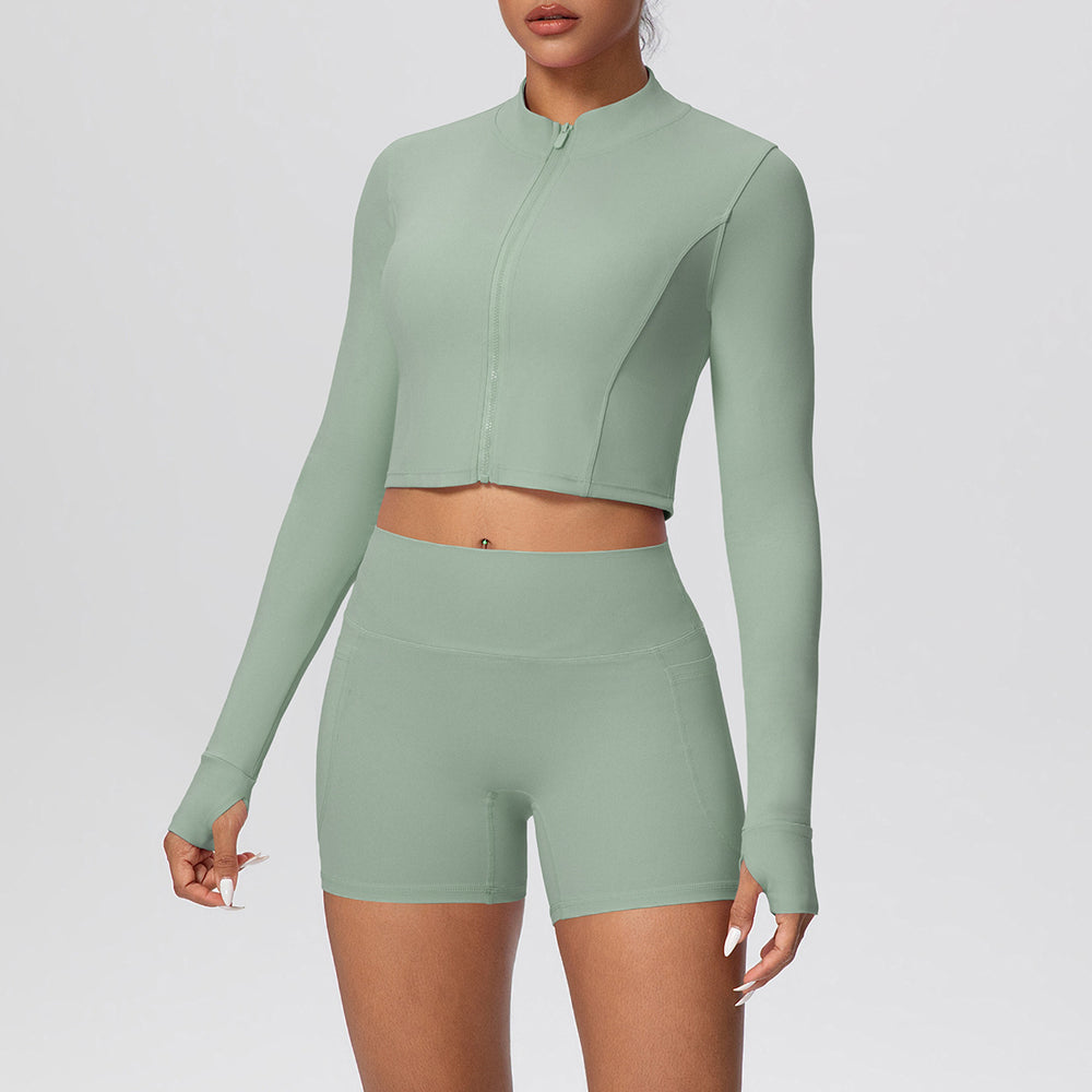 Cloud-feel outerwear short zip-up jacket with butt-lifting pocket shorts, a form-fitting activewear yoga set for women, perfect for running and fitness