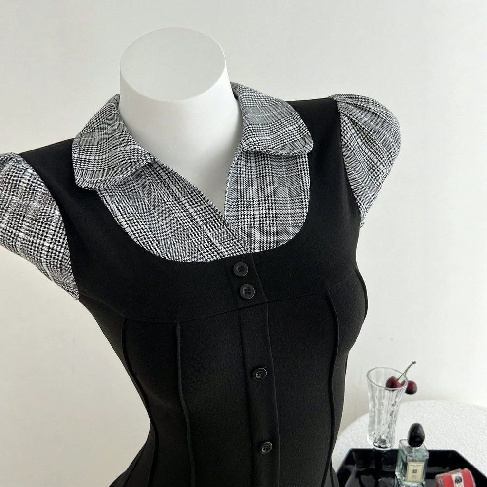 G1 - in-stock 73633#  cross-border european and american plaid color block faux two-piece slimming women's short-sleeve t-shirt