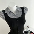 G1 - in-stock 73633#  cross-border european and american plaid color block faux two-piece slimming women's short-sleeve t-shirt
