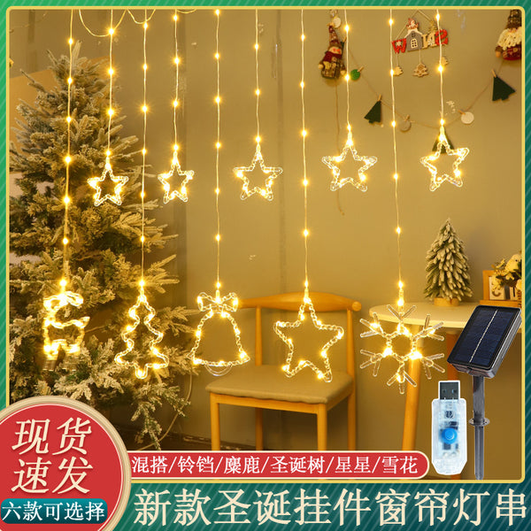 New LED Christmas Curtain Light USB Remote Control Elk Bell Snowman Christmas Tree Shape Window Decoration Curtain Light
