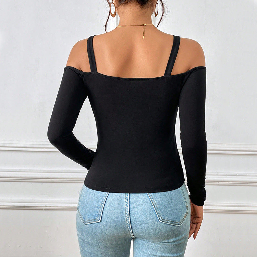 european and american women's clothing  fall/winter metallic hook long sleeve tank top ribbed knit slim fit solid color elegant top
