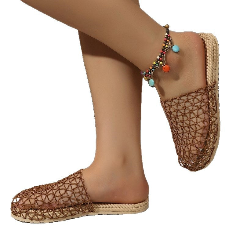 Exportplus sizesummernew arrival woven fishnet baotou half slippers women's outwearcut out mesh breathable flats sandals