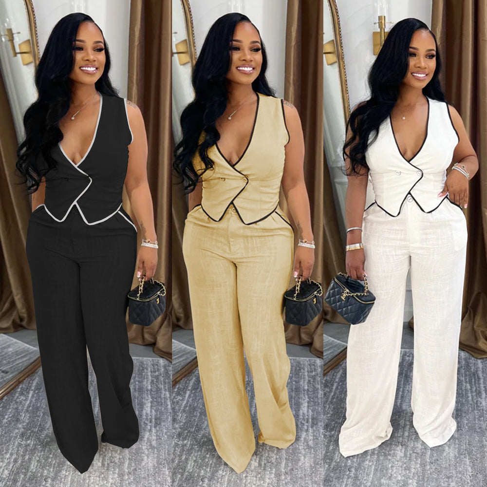 C7402 cross-border   fashion women's casual v-neck button-up top and pants two-piece set - new