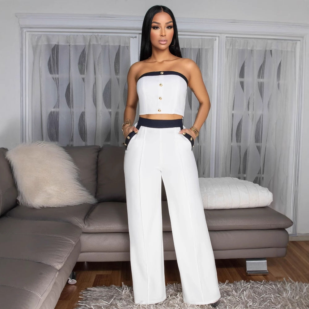 Amazon fashionsexy color matching chest wrap decorative buttons straight-leg high waist wide-leg women's pants suit