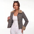 fashion cross-border grids pattern fur collar short outwearretrogrids pattern imitation fur collar cuffs single-breasted silmoutwear
