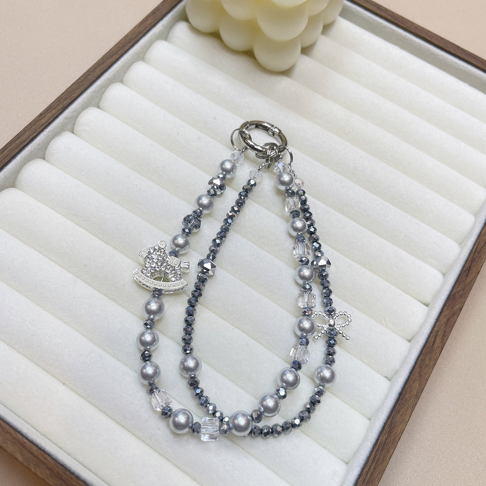 Ins style handmade pearl double chain mobile phone case lanyard creative rhinestone rocking horse pendant wrist crystal one piece dropshipping