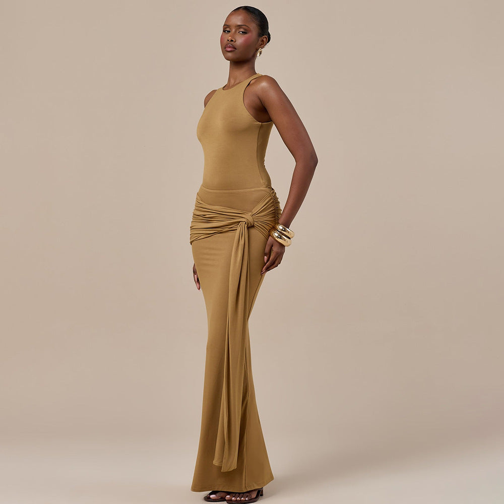 European and american style women's autumn  new arrival: elegant, sexy, slim-fit long dress - solid color sleeveless tie-up bodycon dress