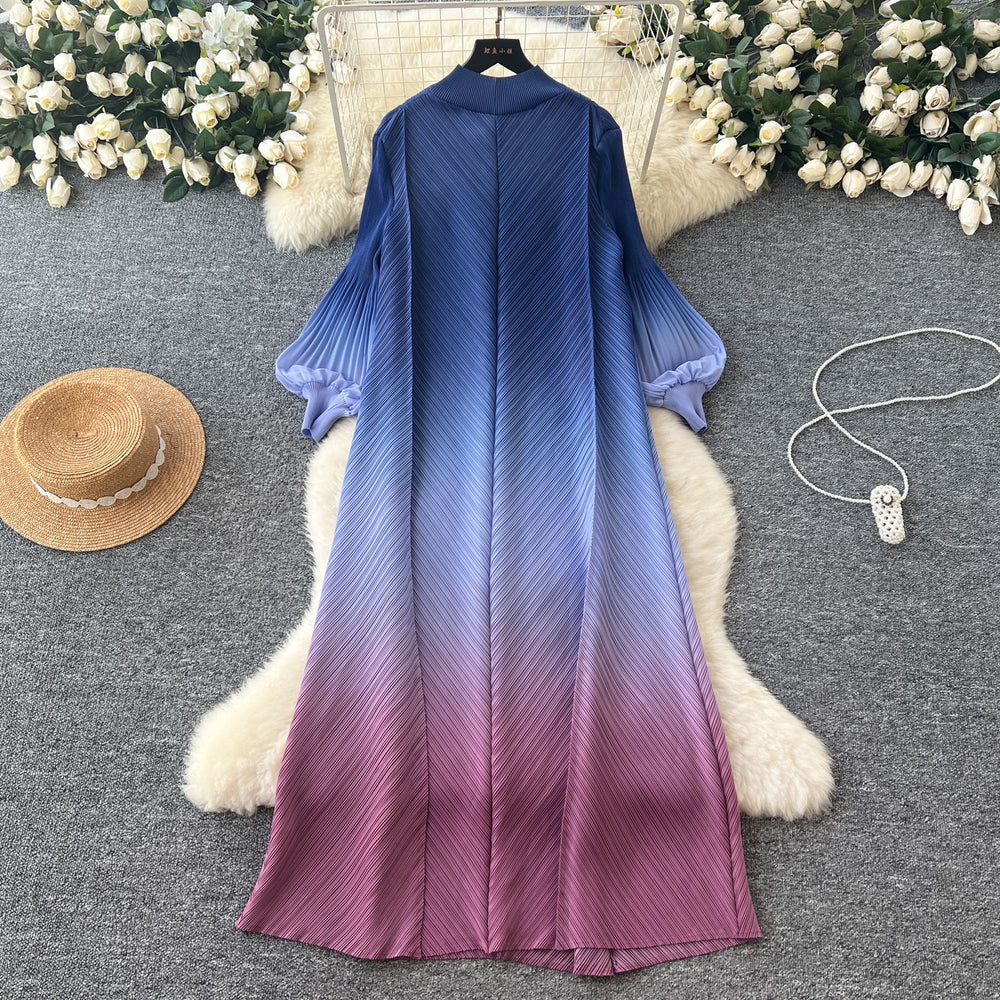 fashion gradient lantern sleeve pleated dress - women's spring/autumn loose a-line maxi dress