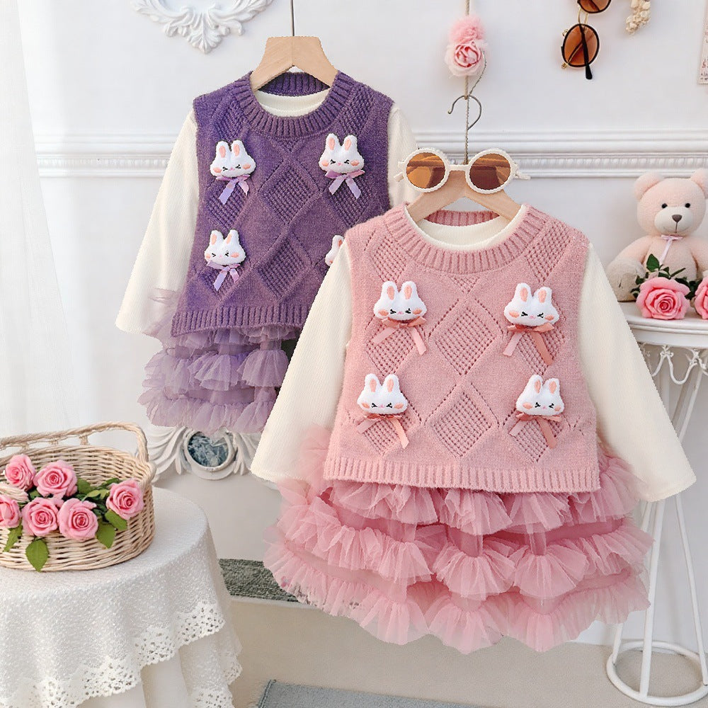 Girls' princess dress  new korean style round neck vest mesh skirt set little girl birthday dress spring and autumn