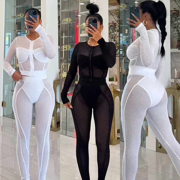 S391418 Cross-border European and American women's clothing, fashionable casual mesh suit women's, zipper cardigan leggings two-piece set