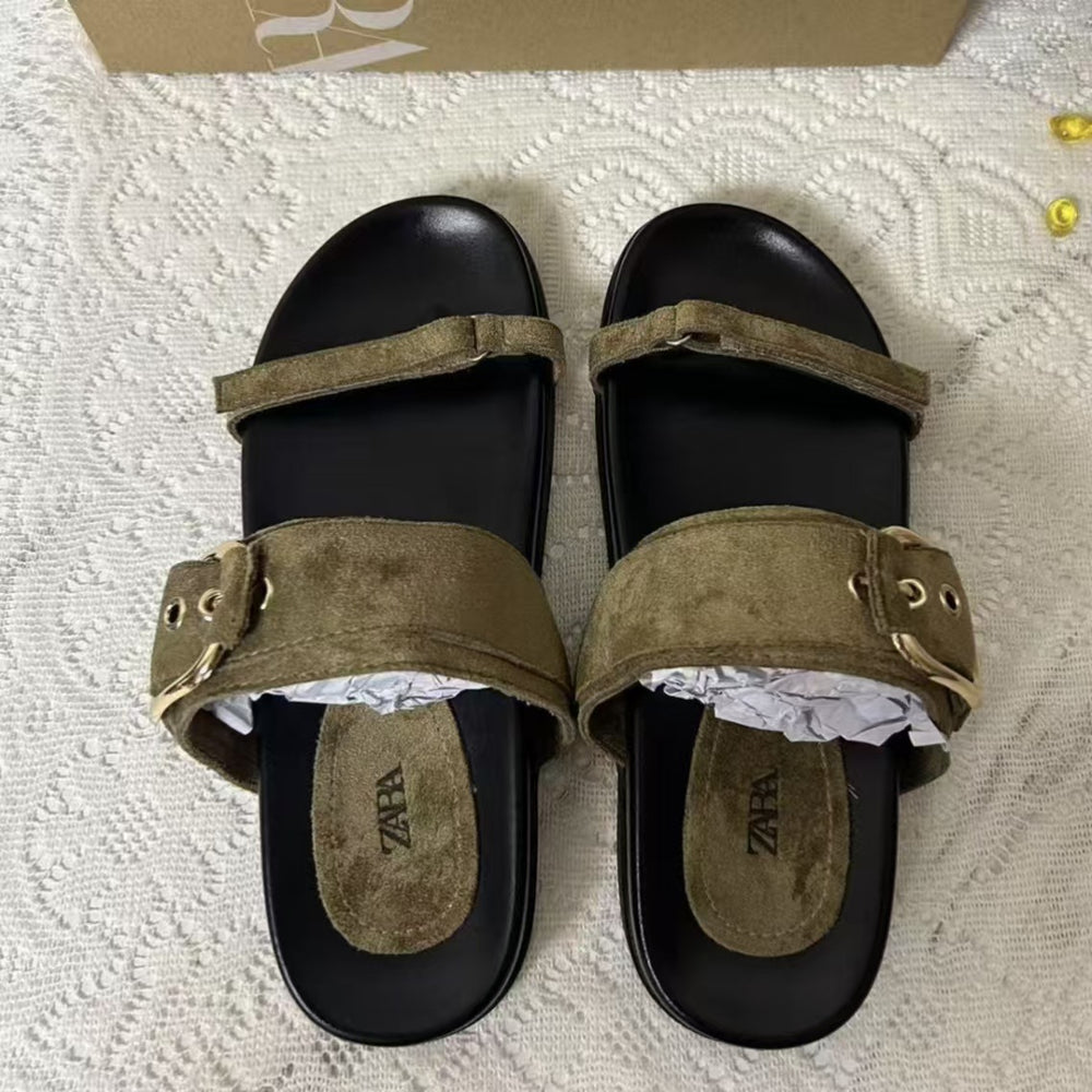 Za2025 summer women's flat sandals - single strap, buckle closure, casual, versatile, outdoor sandals