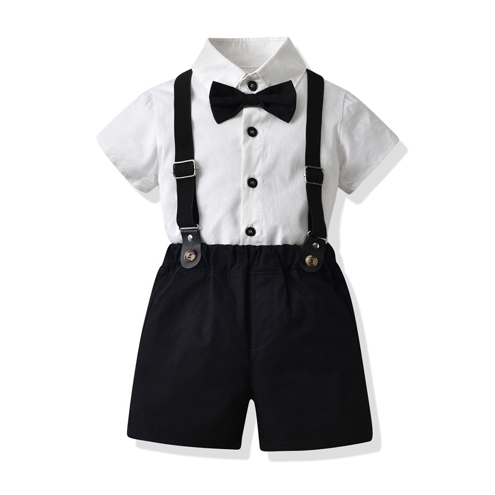 Japanese and korean style boys' summer outfit: short-sleeve shirt and suspender pants - stylish children's performance costume for piano recitals, hosting, and runway shows