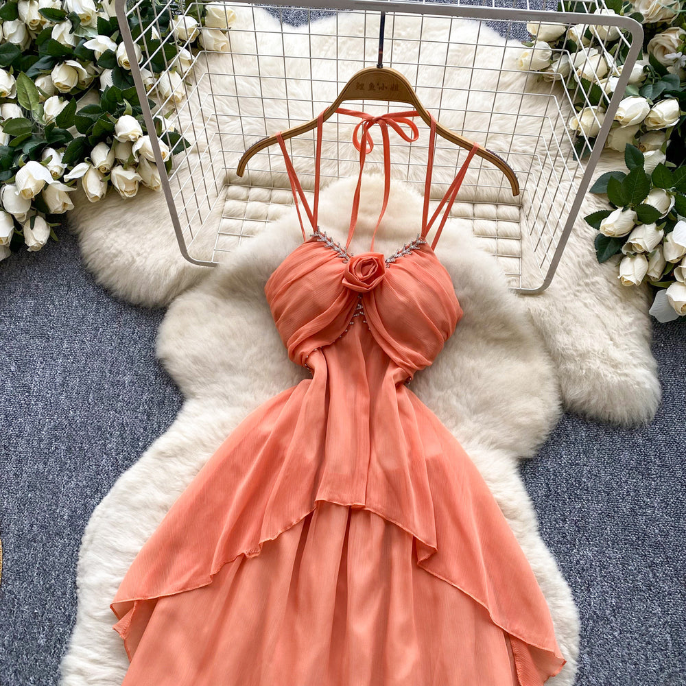 Beach vacation style cami dress - women's summer 3d floral ruffle hem bodycon maxi dress - unique, beautiful, and effortlessly chic