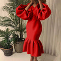 D115 cross-border sourcing: african plus-size women's fashion - solid color v-neck bubble sleeve fishtail dress, european and american style evening gown