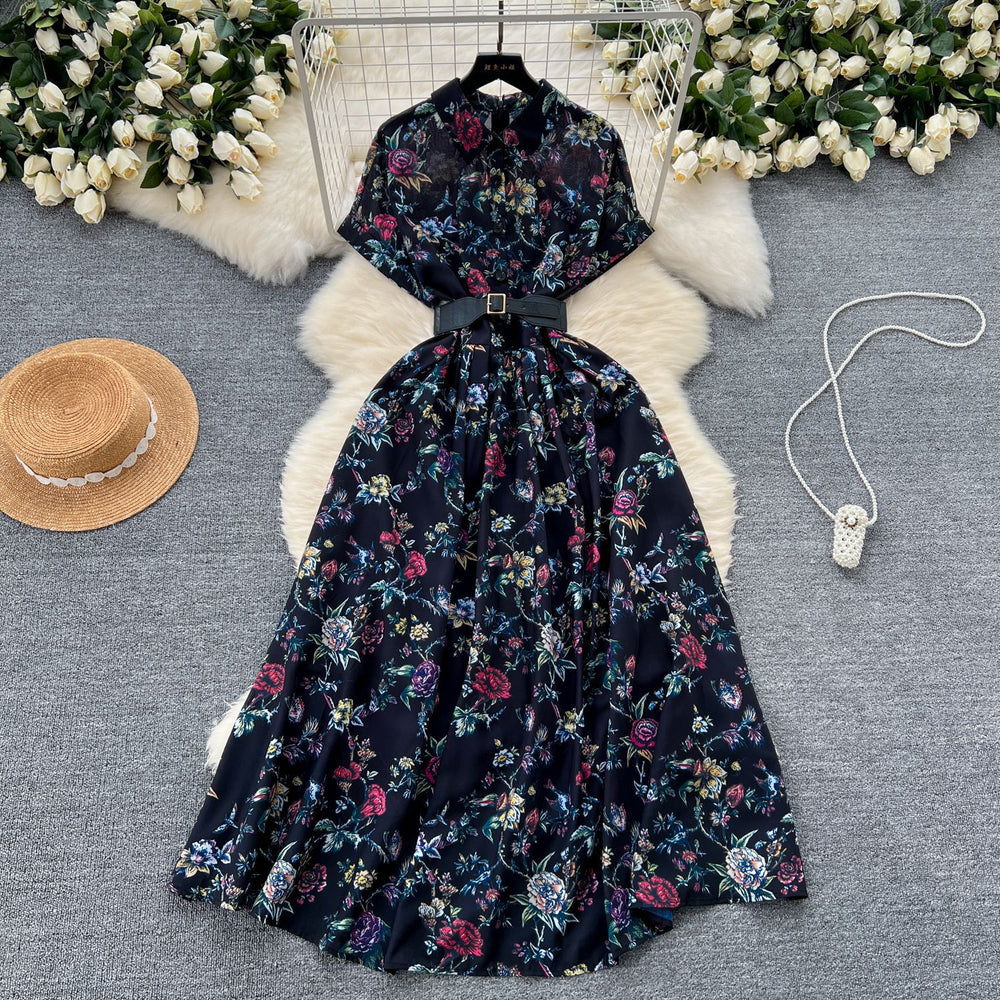 Frenchniche styleclassy light mature style single breasted short sleeve printingshirtdress women's styleretro chiffon skirt