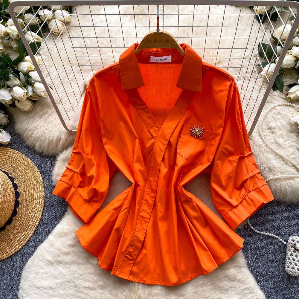 Korean style orange skin-friendly breathable casual fitted shirt - women's summer long sleeve commute style, slimming and figure-flattering top