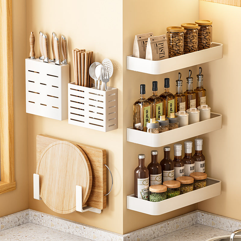 White Kitchen Shelf Wall-mounted No-punching Wall Multifunctional Household Chopsticks Knife Holder Seasoning Storage Hanger