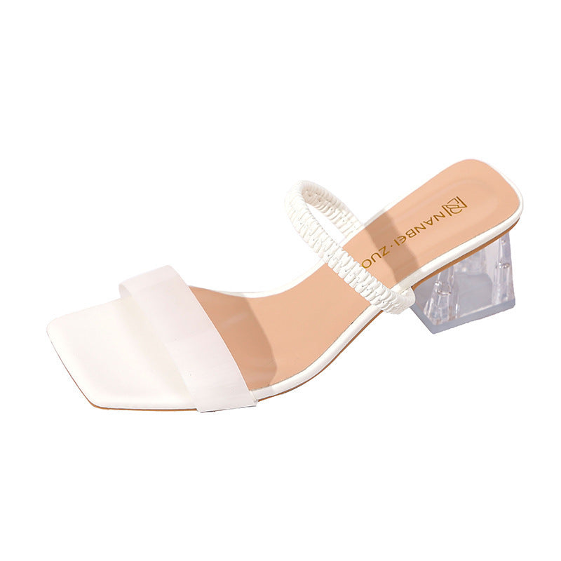 Rhinestone clear chunky heel sandals women's summer 2025 new french fashion square toe open toe fairy thong sandals
