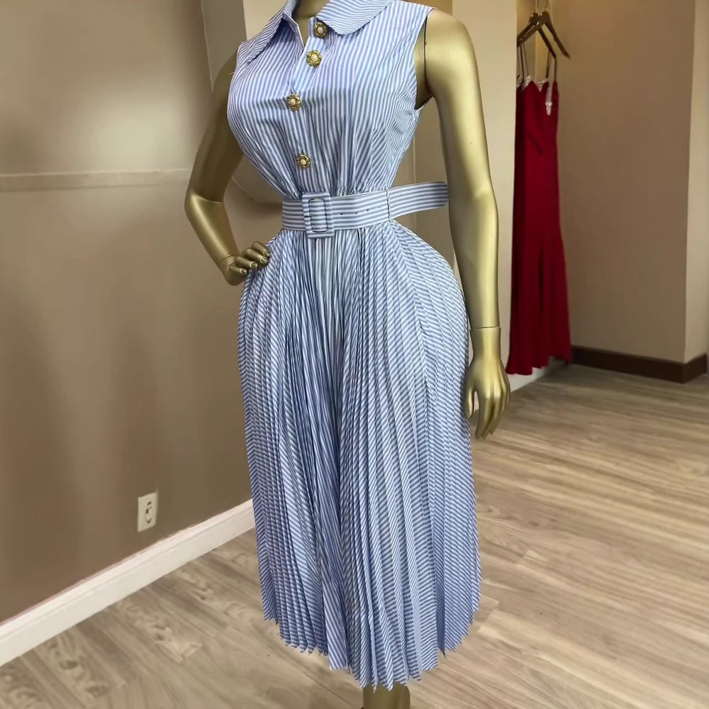European and american cross-border women's fashion:  summer new arrivals - stylish and minimalist turn-down collar sleeveless tie-waist pleated striped dress