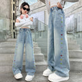 Girls' colorful bowknot denim jeans -  spring new style - stylish straight-leg pants for kids - loose, floor-length trousers for mid-to-large children