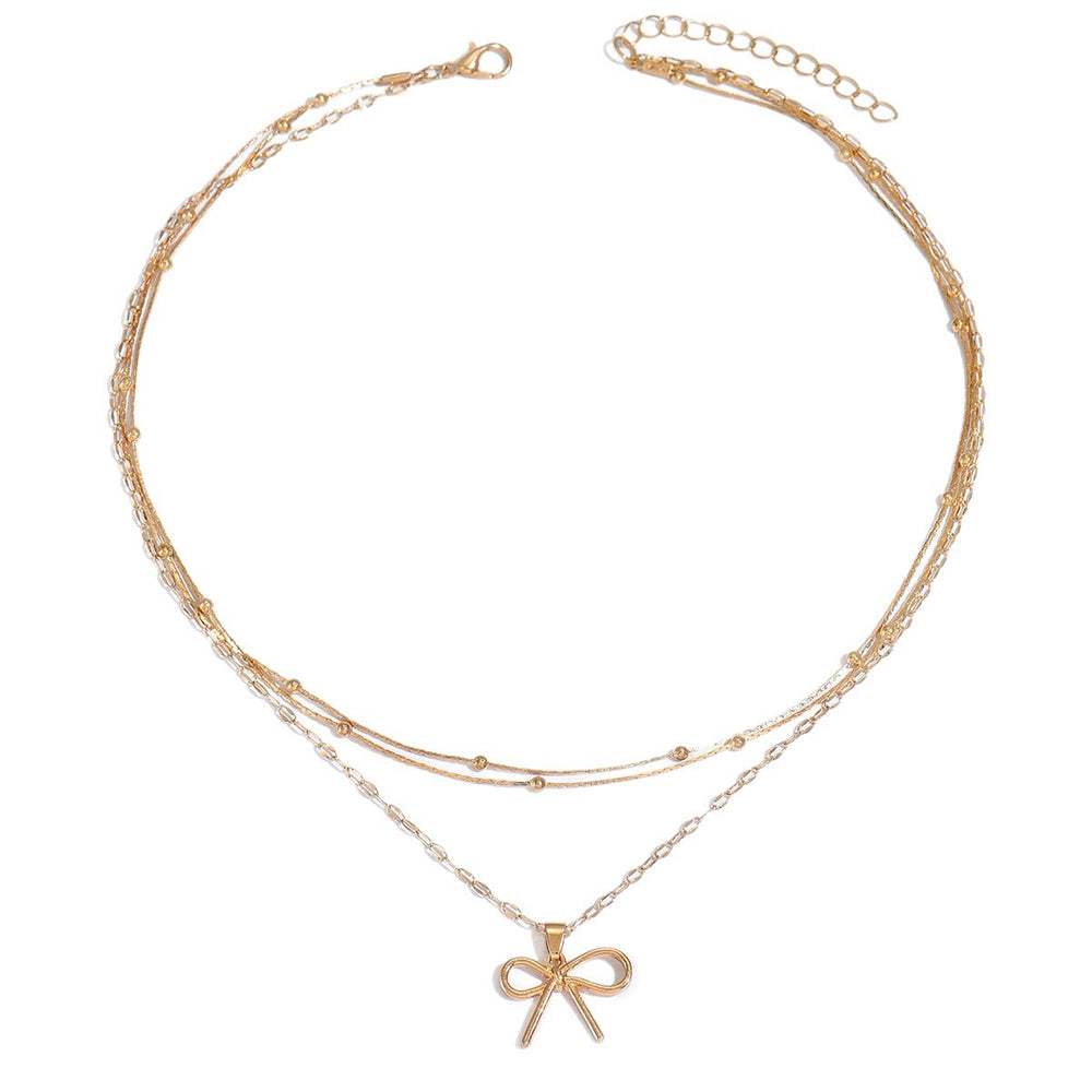 European and american cross-border fashion minimalist alloy bow pendant necklace, light luxury small multi-layered beaded chain necklace