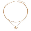 European and american cross-border fashion minimalist alloy bow pendant necklace, light luxury small multi-layered beaded chain necklace